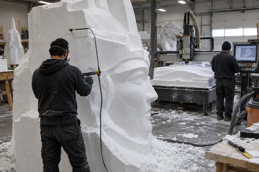 Concept image of a prop shop carving a large EPS foam block into a sculpture, with a CNC foam router in the background.