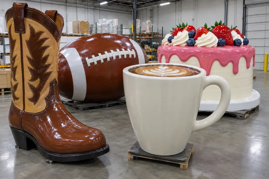 Concept image of finished EPS foam props in a warehouse: a giant cowboy boot, football, coffee cup and cake.