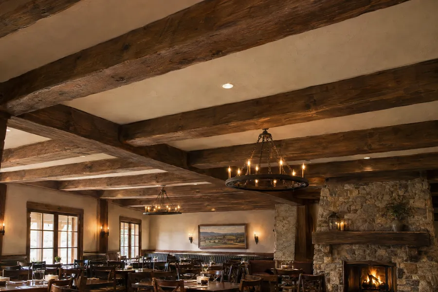 Concept image of realistic faux wood ceiling beams made from carved and painted EPS foam in a rustic restaurant.