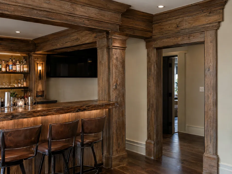 Concept image of realistic faux wood trim and casings made from EPS foam around a bar and doorway.