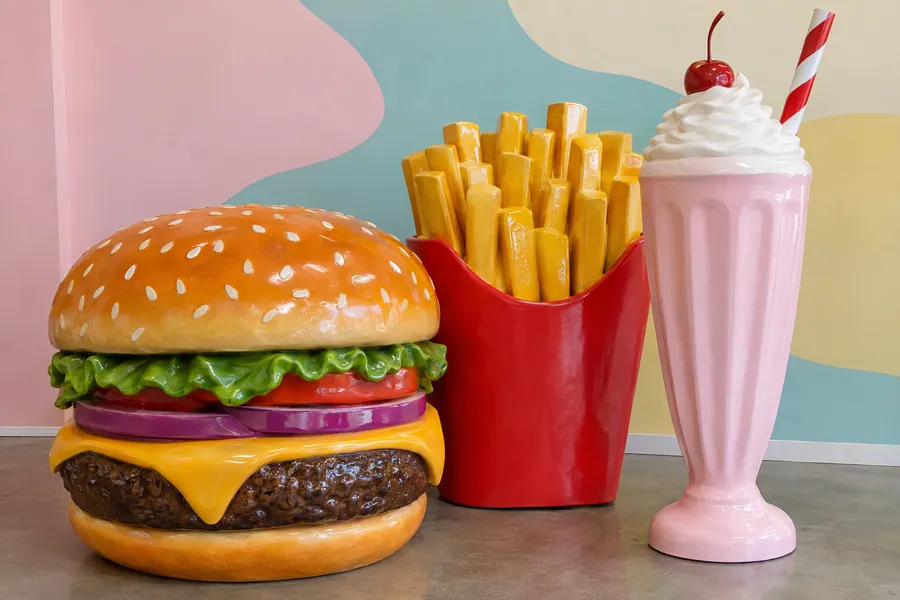Concept image of oversized EPS foam food props: a giant burger, fries and milkshake in front of a pastel wall.
