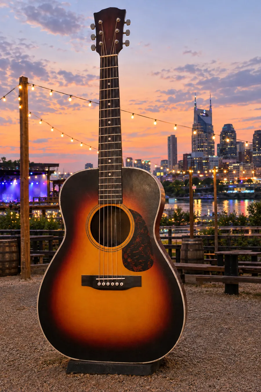 Concept image of a giant hard-coated EPS foam acoustic guitar prop standing on a deck with the Nashville skyline at dusk.