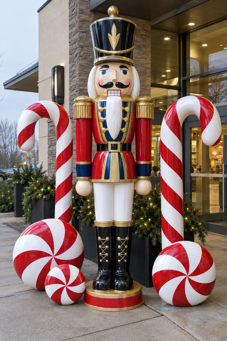 Concept image of giant EPS foam holiday props: a nutcracker soldier, candy canes and peppermints at a plaza entrance.
