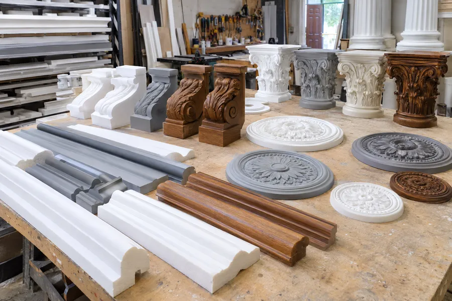 Concept image of EPS foam molding profiles, corbels, medallions and column capitals on a shop table in raw, coated and finished states.