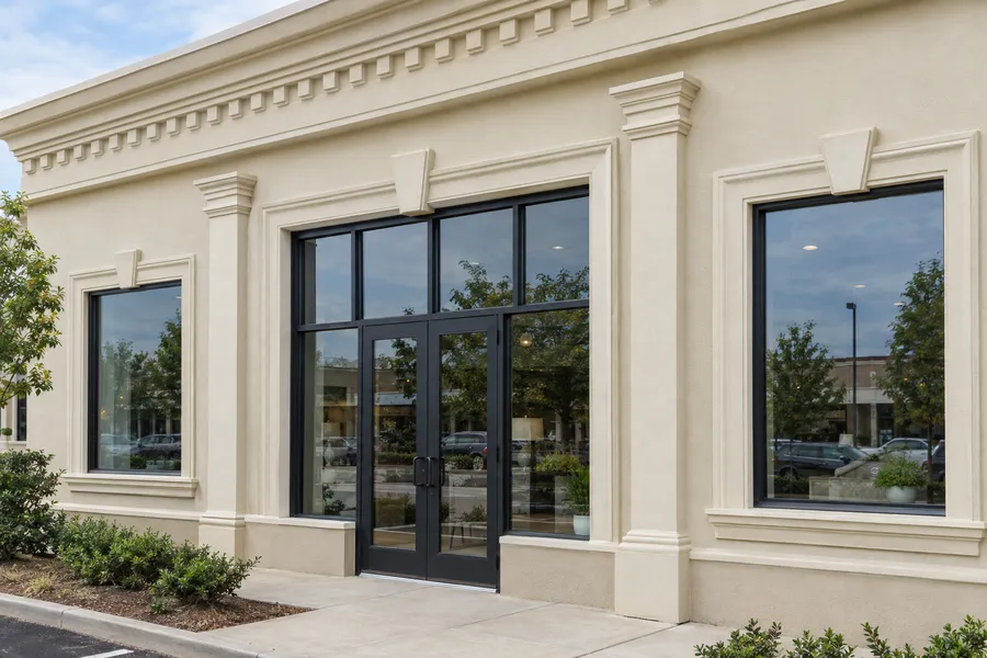 Concept image of EPS foam exterior moldings on a storefront: window surrounds, keystones and a cornice band.