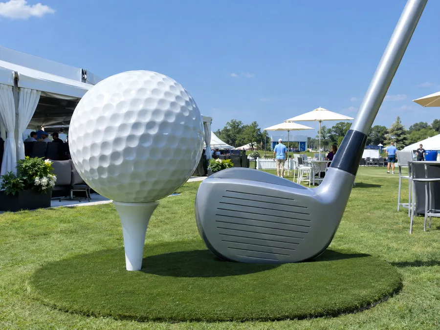 Concept image of a giant EPS foam golf ball on a tee and an oversized golf club at a tournament hospitality area.