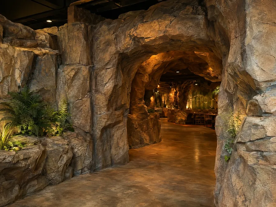 Concept image of carved EPS foam faux rock walls and a cave archway entrance for a themed space.