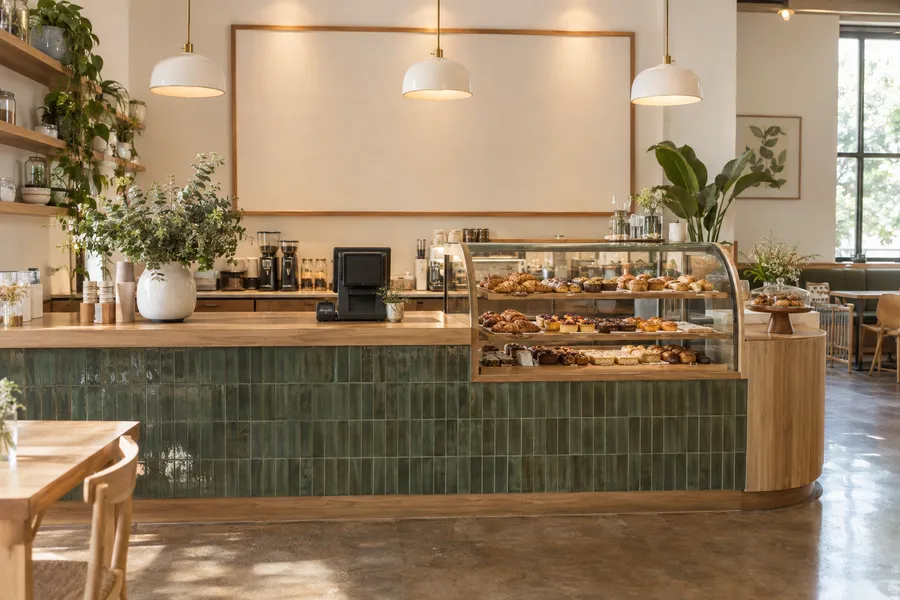 Concept image of a bakery cafe with a white oak counter, green tile front and a curved glass pastry case.