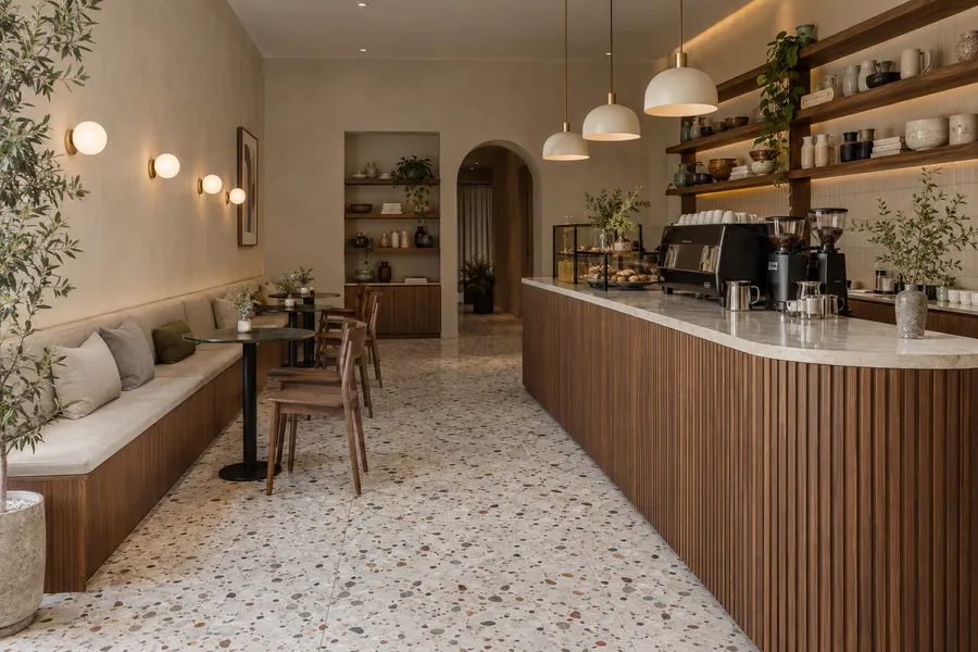 Concept image of a modern coffee bar with a fluted walnut counter, terrazzo floor and a built-in wall bench.