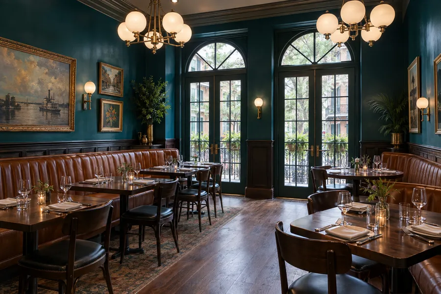 Concept image of a modern Creole dining room with teal walls, dark wood wainscoting, globe chandeliers and leather banquettes.