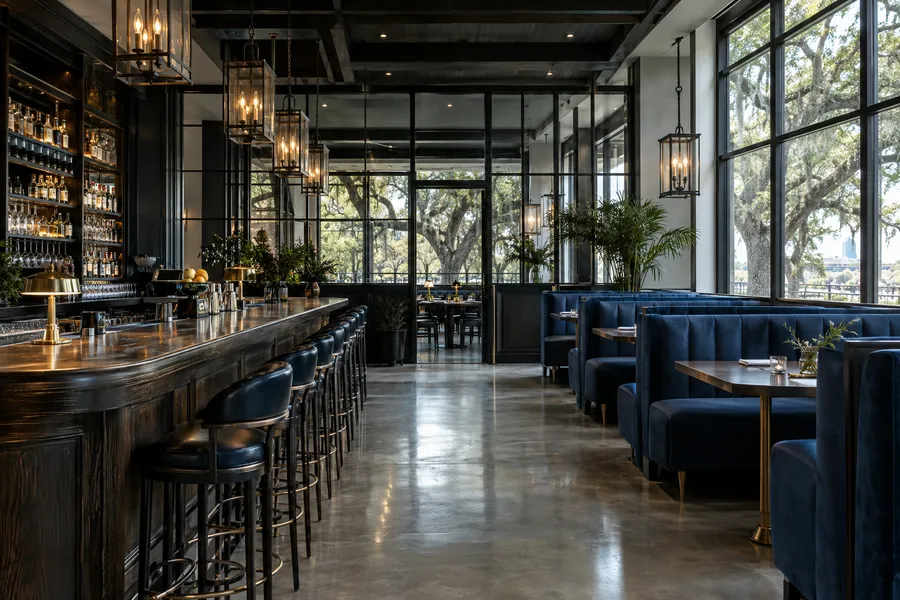 Concept image of a modern Baton Rouge restaurant with a dark cypress bar, blue velvet booths, lantern-style pendants and live oaks outside.