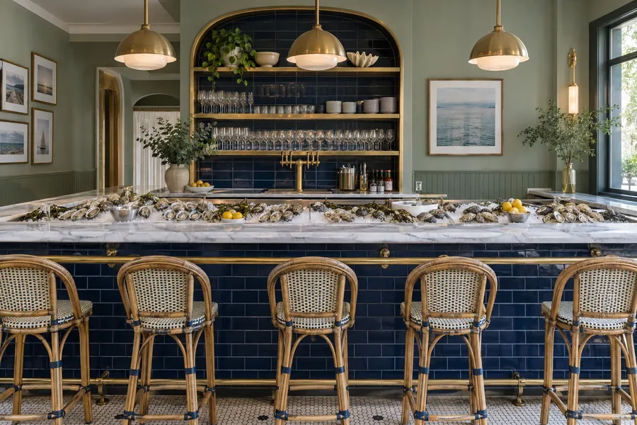 Concept image of a modern oyster bar with a white marble raw bar, navy tile, brass rails and rattan stools.