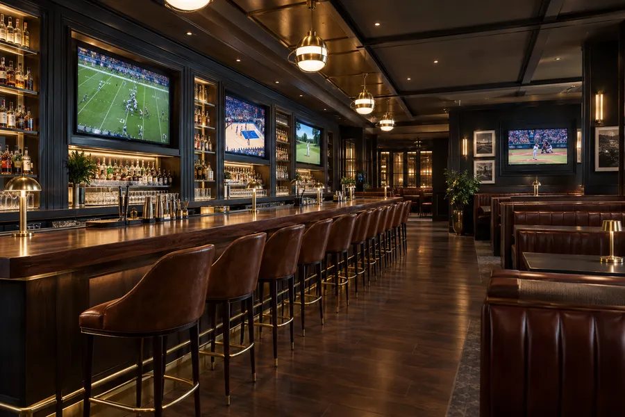 Concept image of an upscale sports bar with a walnut bar, screens set into dark paneling and leather booths.