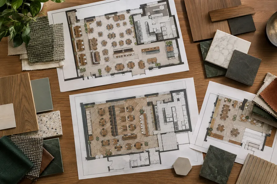 Concept image of restaurant floor plans, wood, tile and fabric samples spread on a designer's table.