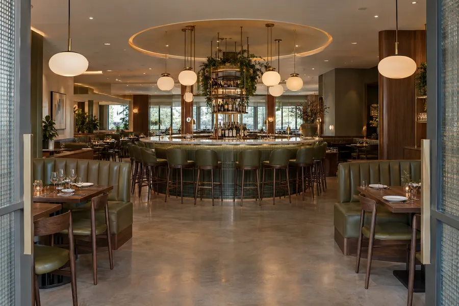 Concept image of a modern restaurant with a round central bar, pendant lights, olive banquettes and walnut tables.