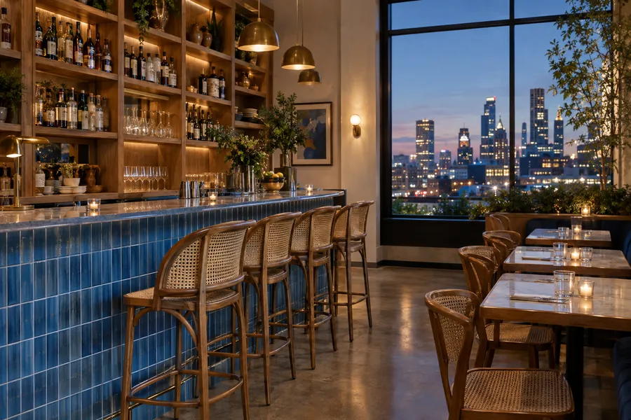 Concept image of a small restaurant with a blue tiled bar, oak shelving, cane stools and a large window.