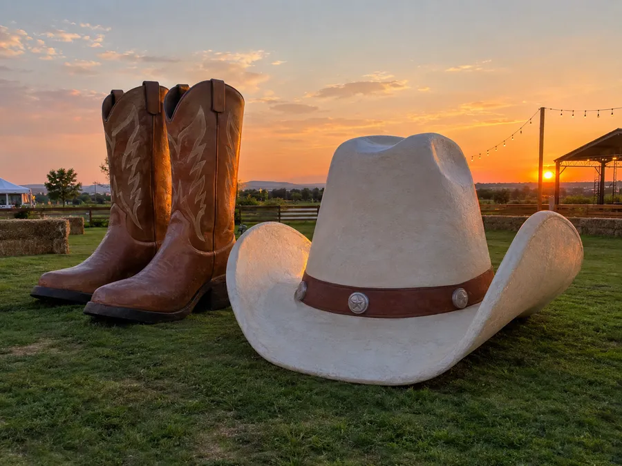 Concept image of a giant hard-coated EPS foam cowboy hat and oversized boots prop at a festival lawn at sunset.