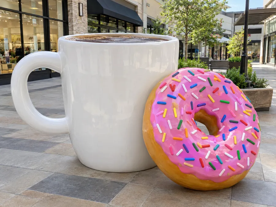 Concept image of a giant EPS foam coffee mug and donut photo-op prop at a shopping center plaza.