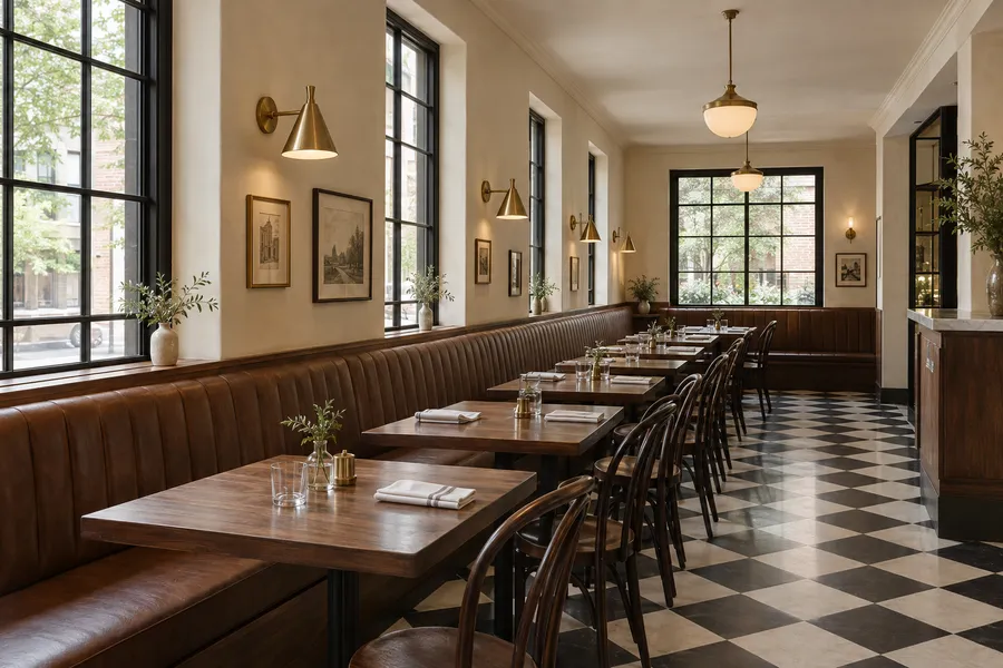 Concept image of a modern bistro with a long walnut banquette, cream plaster walls, brass sconces and a checkered floor.