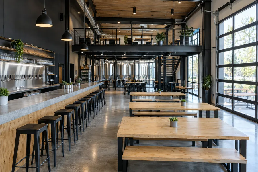 Concept image of a modern brewery taproom with a concrete bar, stainless tap wall, plywood communal tables and roll-up glass doors.