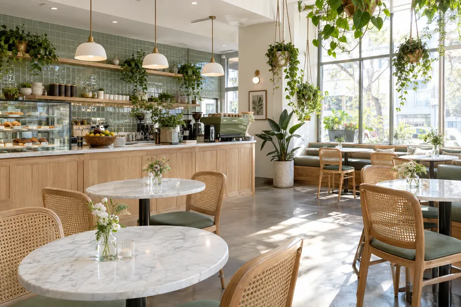 Concept image of a bright brunch cafe with a white oak counter, sage tile, cane-back chairs and hanging plants.