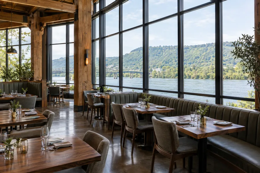 Concept image of a riverfront restaurant with tall steel-framed windows overlooking a river and forested ridge, timber beams and banquette seating.