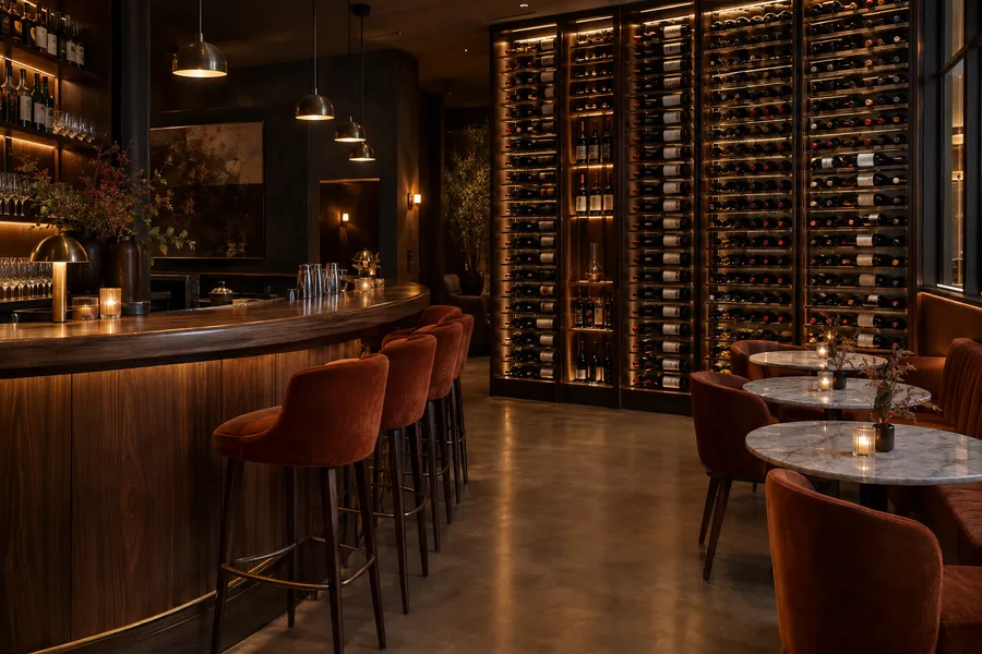 Concept image of a modern wine bar with a curved walnut bar, backlit floor-to-ceiling wine wall and rust velvet stools.