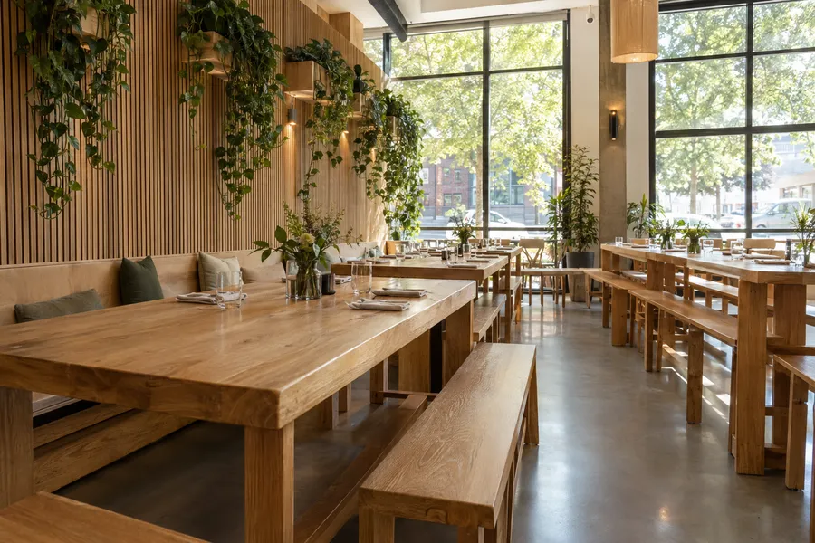 Concept image of a restaurant with long solid oak communal tables, bench seating and a slatted wood feature wall with plants.