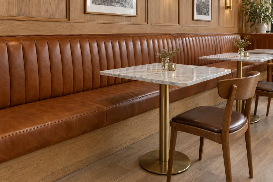Concept image of a long custom banquette in cognac leather with channel stitching, an oak base and marble two-top tables.