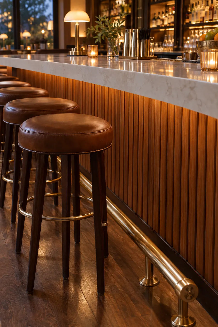 Concept image of a custom bar front with vertical wood slats, a brass footrail, leather bar stools and a quartz top.
