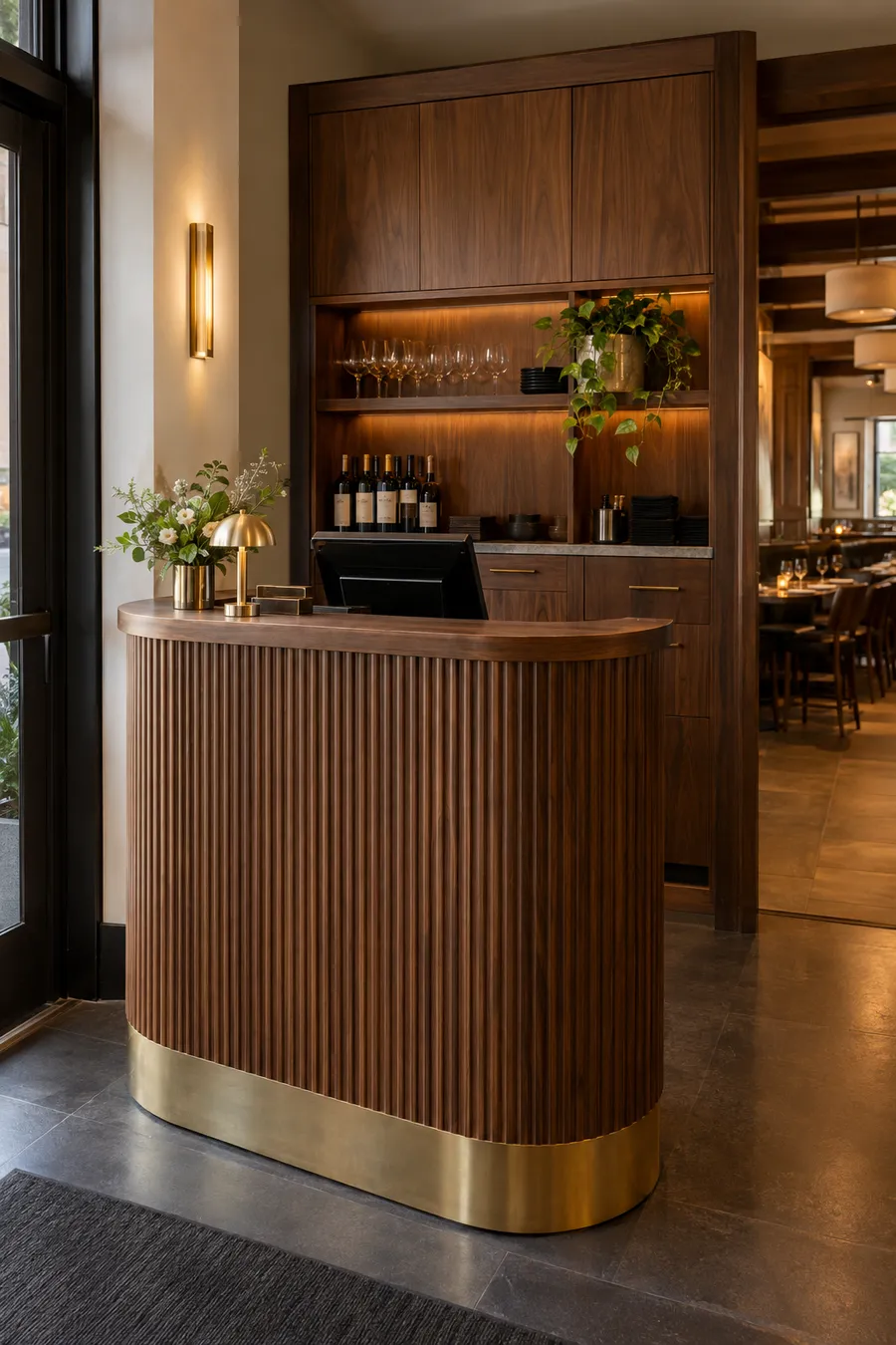 Concept image of a curved fluted walnut host stand with a brass kick plate and matching millwork cabinet behind it.