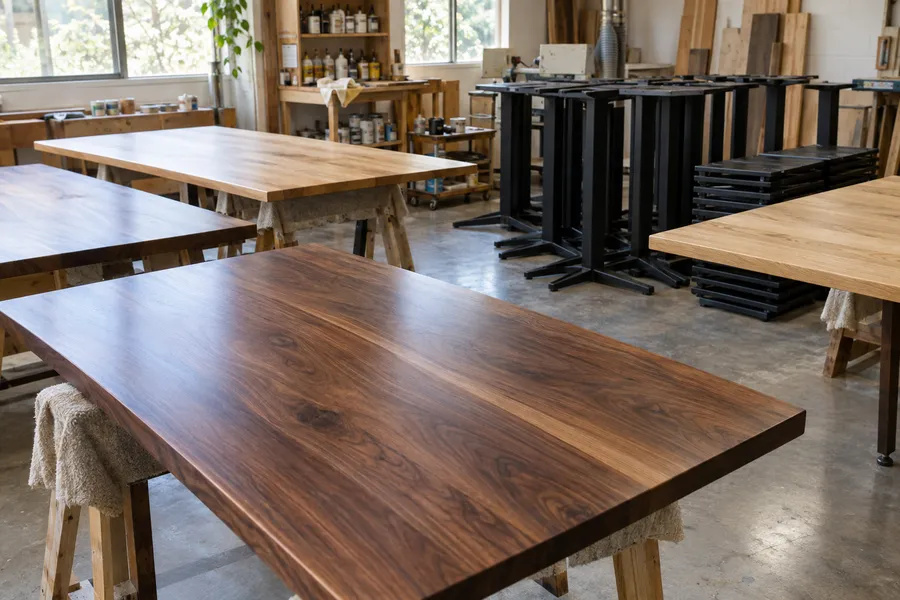 Concept image of custom walnut and white oak restaurant tabletops being finished in a woodshop, with steel bases nearby.