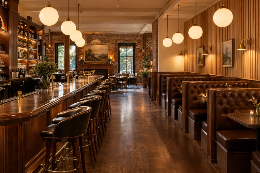 Concept image of an upscale restaurant dining room with a long walnut bar, tufted leather booths, slatted oak paneling and globe pendant lights.