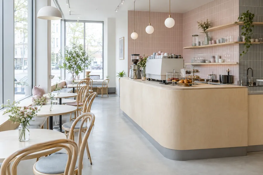 Concept image of a Scandinavian-style cafe with a rounded birch counter, pastel tile, bentwood chairs and large windows.