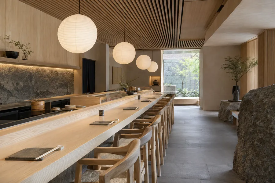 Concept image of a minimalist Japanese-inspired restaurant with a light ash counter, slatted wood ceiling and paper lantern pendants.