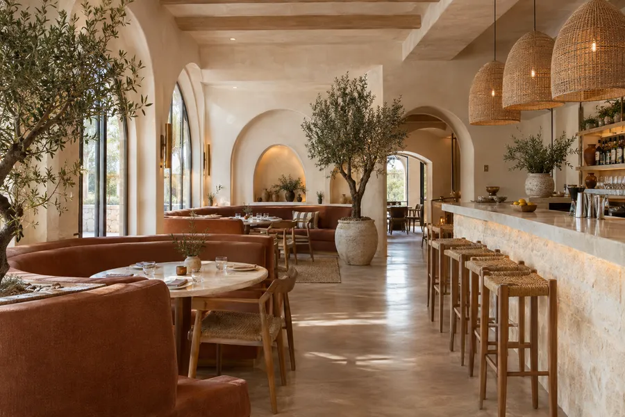 Concept image of a modern Mediterranean restaurant with plaster arches, a limestone bar, woven pendants and olive trees.