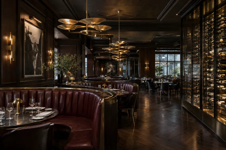 Concept image of a modern steakhouse with walnut paneling, oxblood leather booths, brass chandeliers and a glass wine wall.