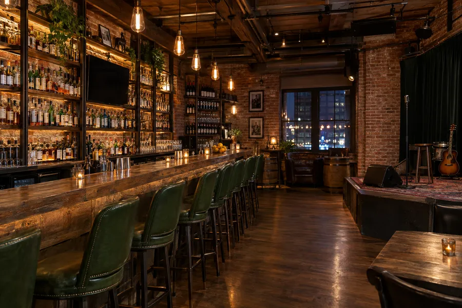Concept image of a Nashville-style restaurant bar with a reclaimed-wood bar, back-bar bottle wall, green leather stools and a small corner stage.