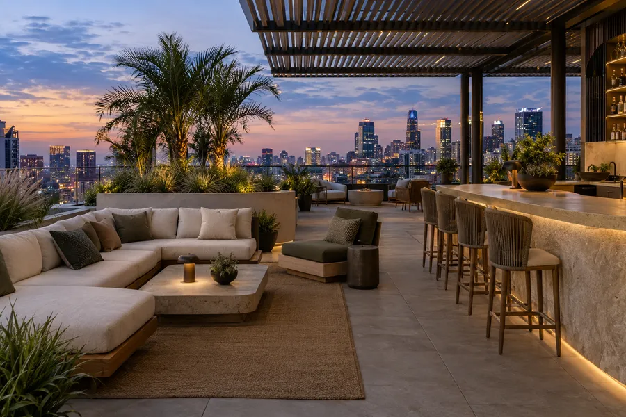 Concept image of a rooftop lounge with low sofas, a curved stone bar, palms and a slatted pergola at dusk.