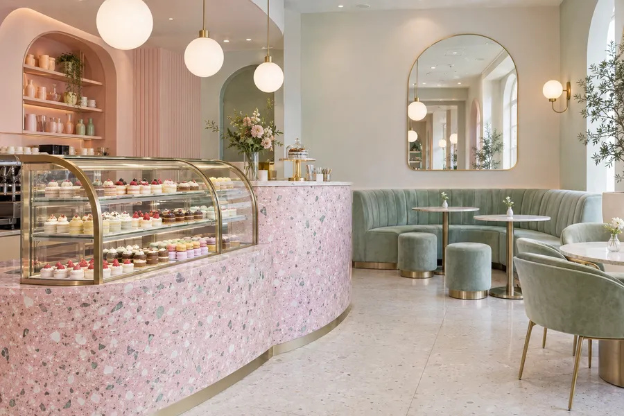 Concept image of a pastel dessert cafe with a pink terrazzo counter, mint velvet booth and arched mirror.