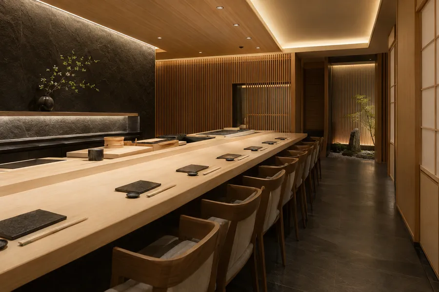 Concept image of a modern sushi restaurant with a pale wood counter, black stone accents and slatted wood screens.