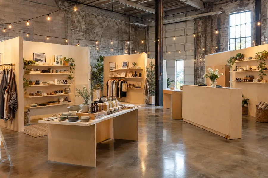 Concept image of a pop-up shop inside an industrial warehouse with modular display walls, display tables and string lights.