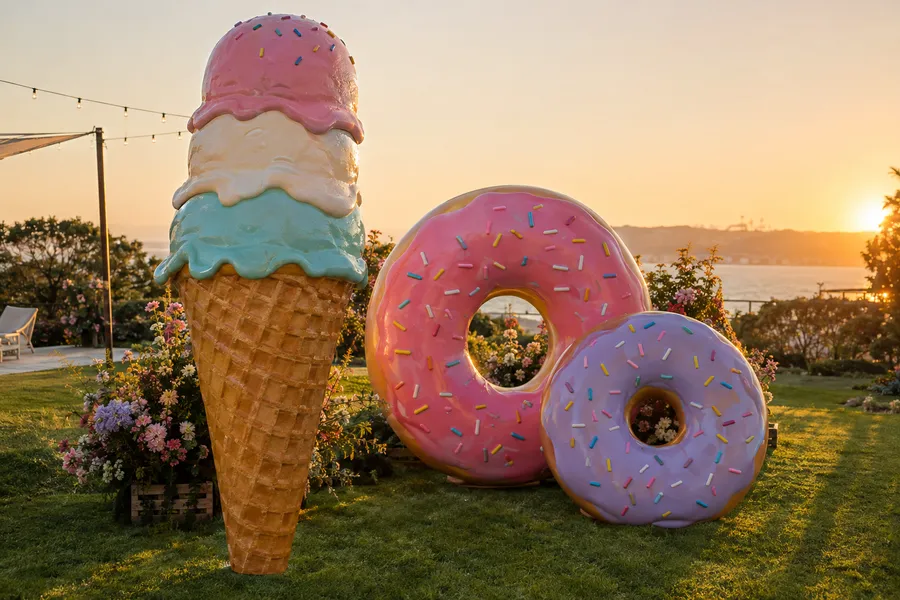 Concept image of oversized props at an event: a giant ice cream cone and oversized donuts used as a photo-op on a lawn at golden hour.