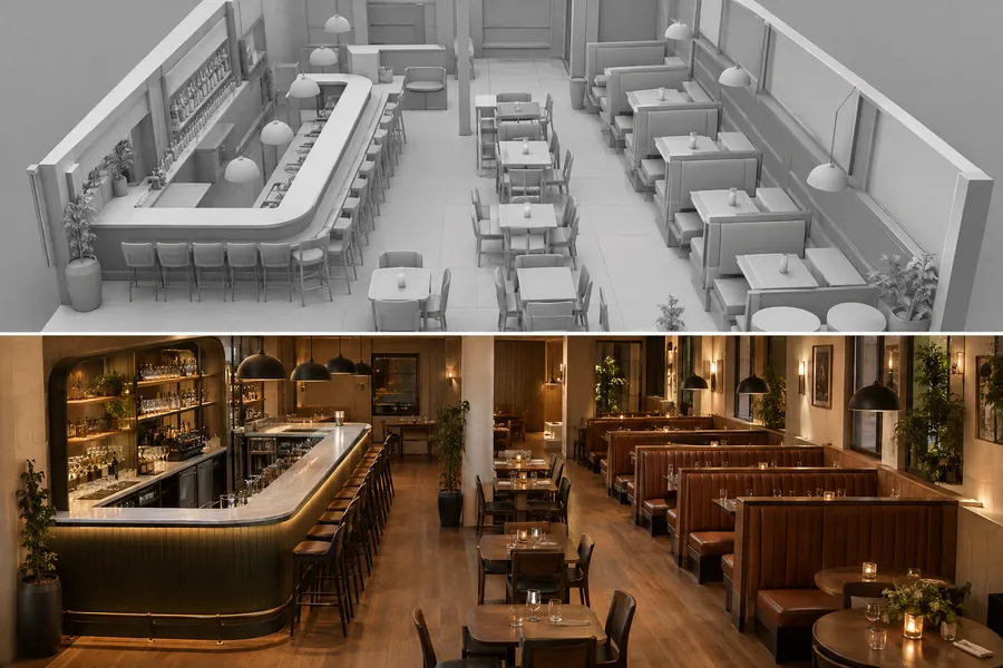 Gray-scale 3D layout rendering of a restaurant with a bar, booths and tables, shown above the finished interior it represents.