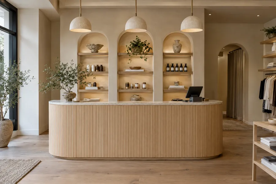 Concept image of a custom retail cash wrap with a curved fluted white oak front, stone top and pendant lights.