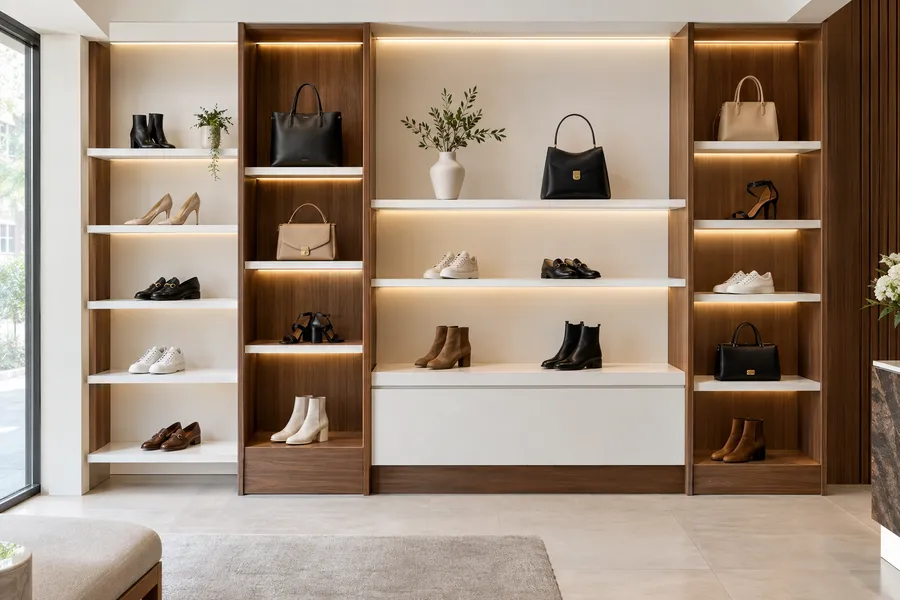 Concept image of a custom walnut and white retail display wall with integrated lighting, shoes and bags.