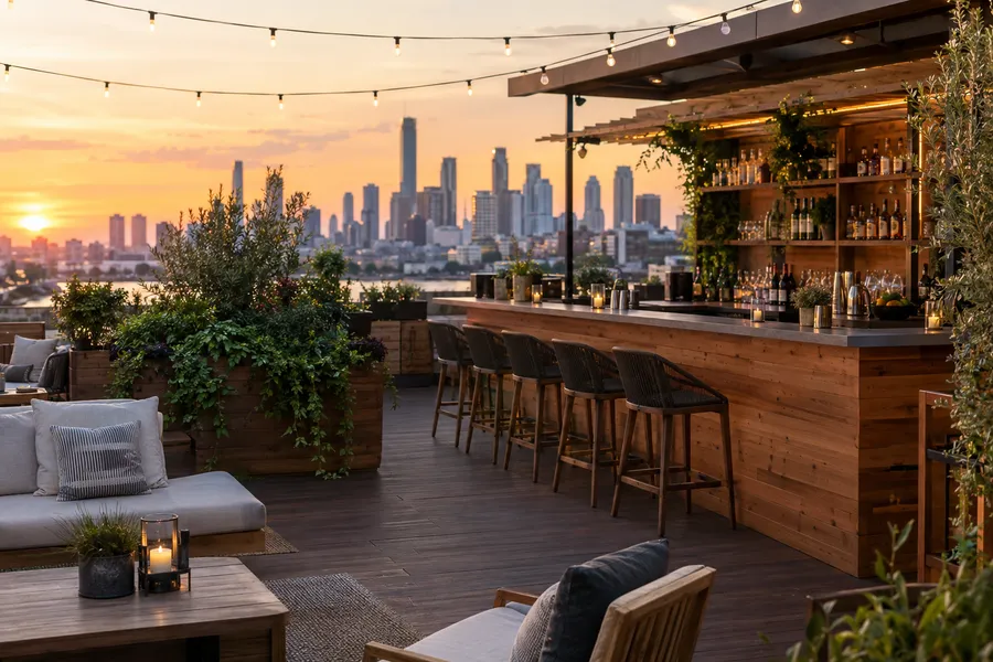 Concept image of a rooftop bar with a cedar-clad outdoor bar, planter boxes, lounge seating and string lights at sunset.