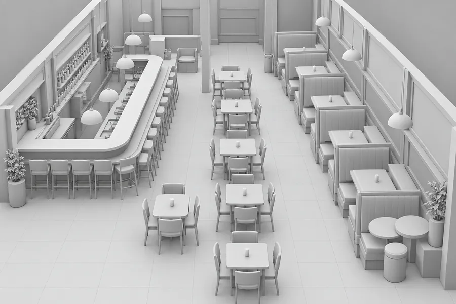 Step 1: gray-scale 3D layout rendering of a restaurant with a curved bar, booths along one wall and tables down the center.
