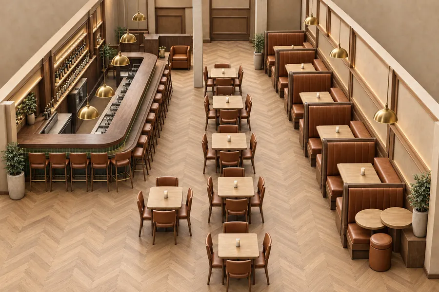 Step 2: full-color rendering of the same restaurant with a walnut bar, green tile, cognac leather booths, brass pendants and herringbone floor.