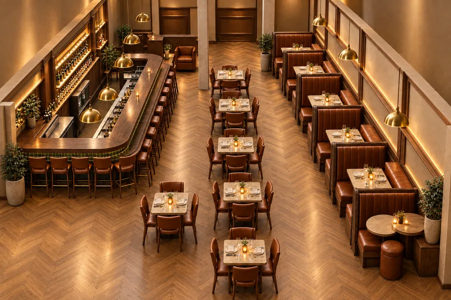 Step 3: concept image of the finished restaurant matching the rendering, set for service under warm evening light.